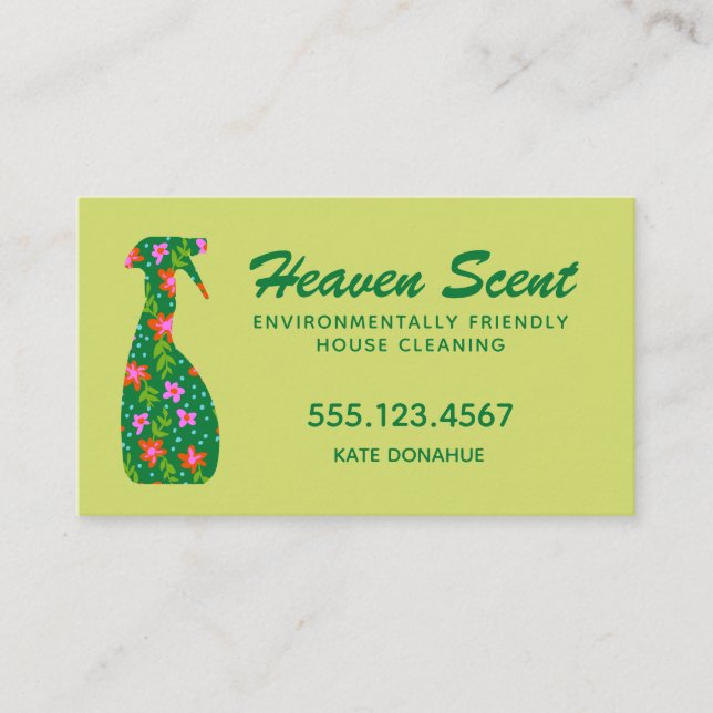 Green Floral Spray Bottle House Cleaner Business C Card (Front)