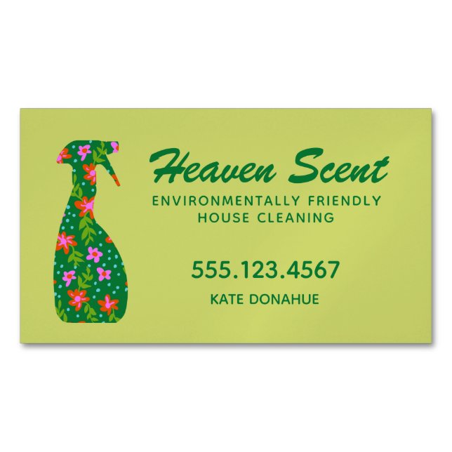 Green Floral Spray Bottle House Cleaner Business C Magnetic Business Card (Front)