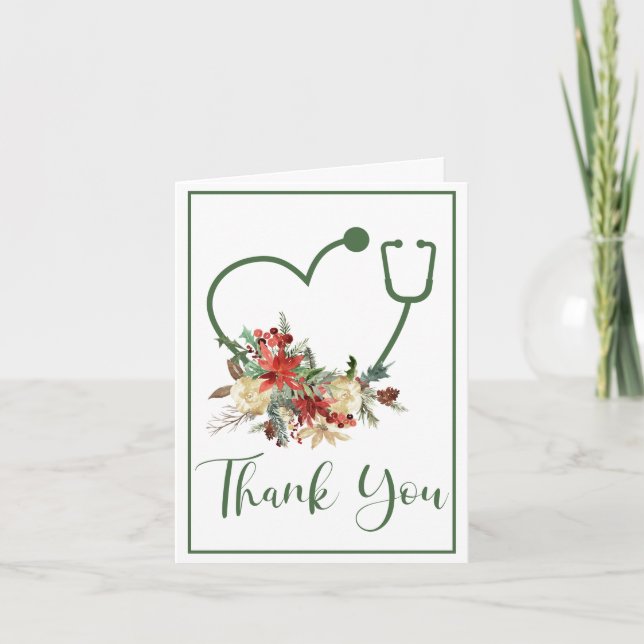 Green Floral Stethoscope Heart Holiday Thank You (Front)