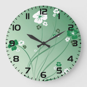 Green Floral Swirls and White Blossoms Large Clock