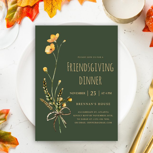 Green Floral Thanksgiving Friendsgiving Dinner Invitation (Green Elegant Wildflower Friendsgiving Dinner Invitation)
