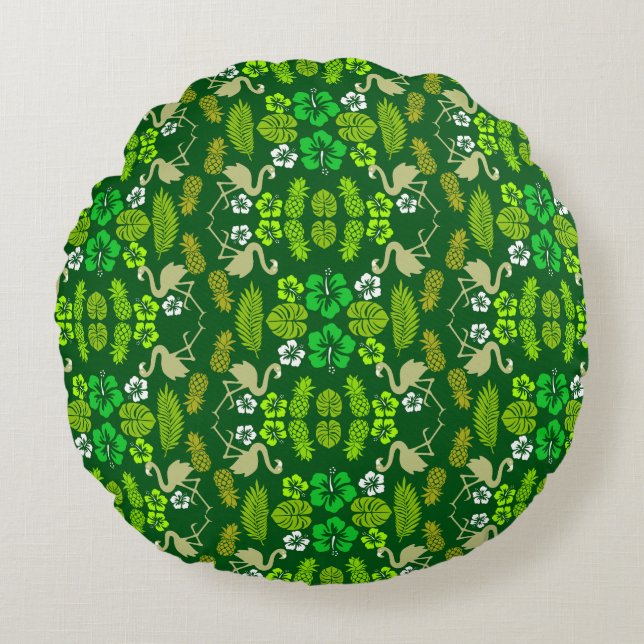 Green Floral Tropical Fruit Patterned Round Pillow (Front)