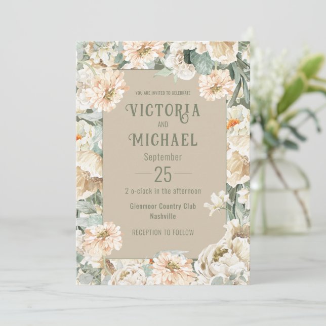 Green Floral Watercolor Modern Wedding Invitation (Standing Front)