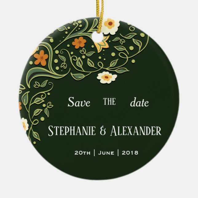 Green Floral Wedding Ceramic Ornament (Front)