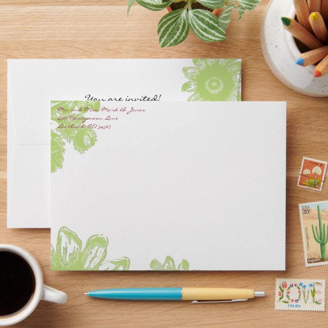 Green Floral Wedding Envelopes (Desk)