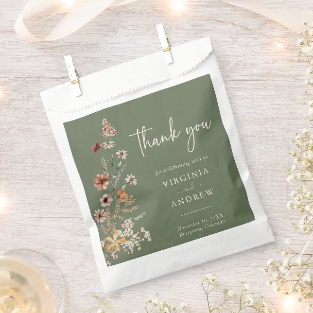 Green Floral Wedding Favour Bag (Boho Sage Green Floral Wedding Favor Bag with Butterfly by Painted Paperie
)