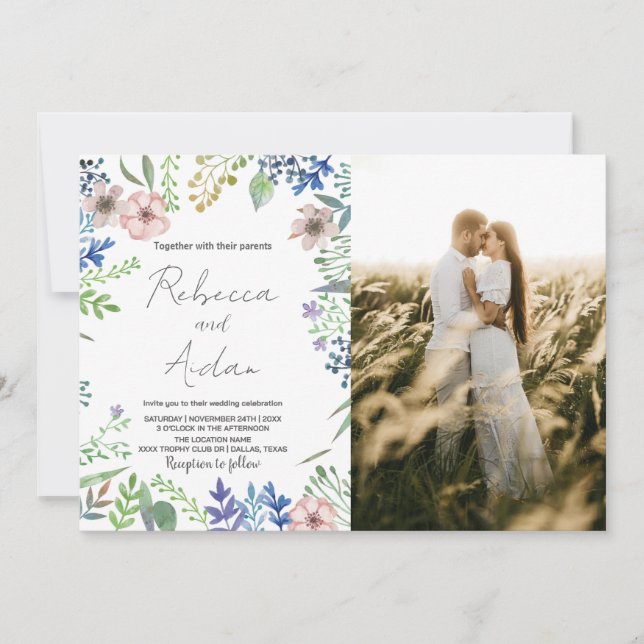 Green Floral Wedding Invitations avec photo (Devant)