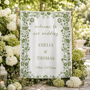Green Floral Wedding Welcome Sign Tapestry