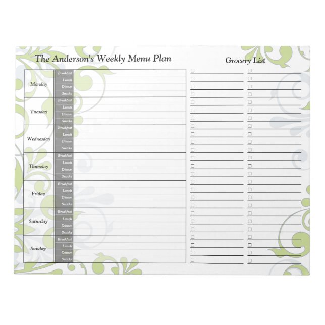 Green Floral Weekly Personalized Menu Plan Notepad (Front)