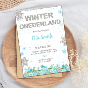Green Floral Winter ONEderland Invitations