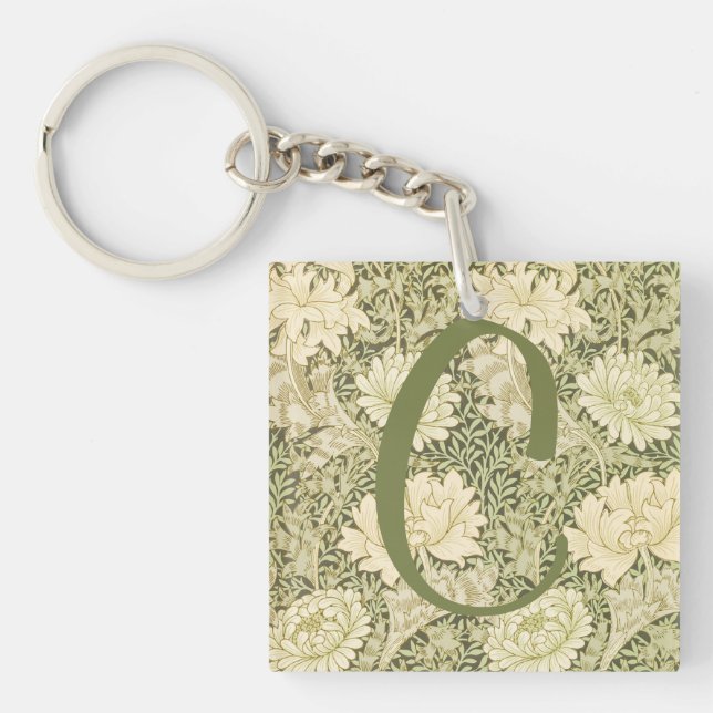 Green Floral Wm Morris Design Monogram Keychain (Front)