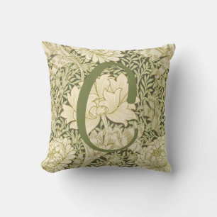 Green Floral Wm Morris Design Monogram Throw Pillow