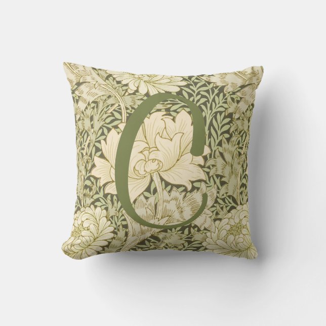 Green Floral Wm Morris Design Monogram Throw Pillow (Front)