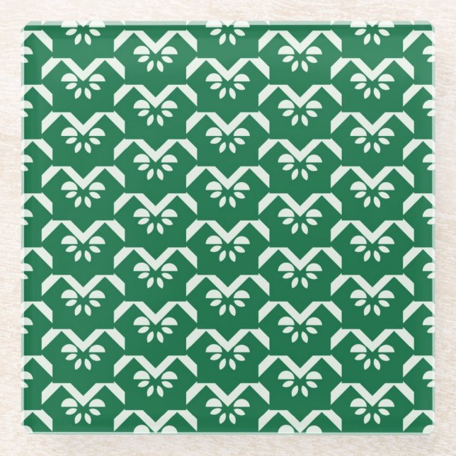 Green floral zigzag glass coaster (Front)