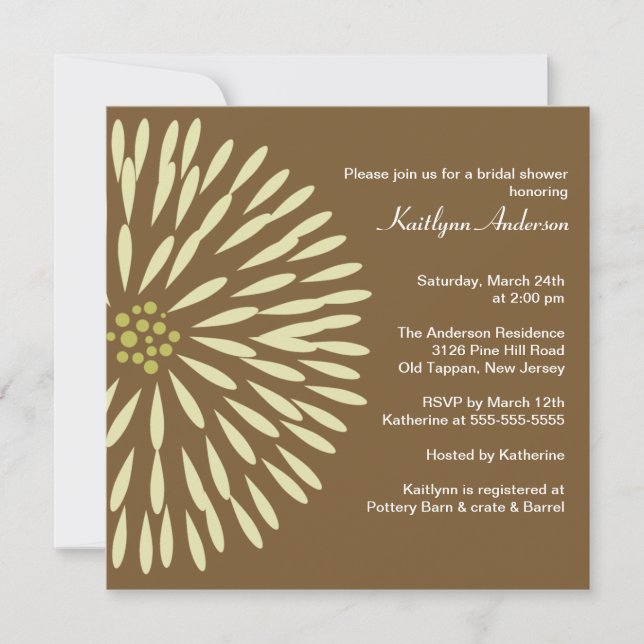 Green Flower on Brown Bridal Shower Invitation (Front)