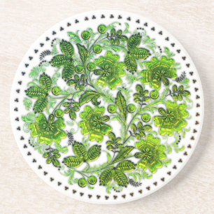 Green Flower Pattern Boho Round Coaster