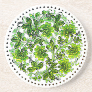 Green Flower Pattern Boho Round Coaster