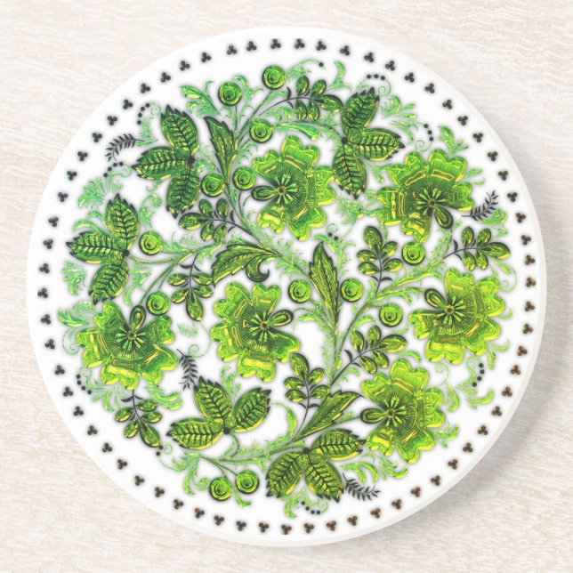Green Flower Pattern Boho Round Coaster (Front)