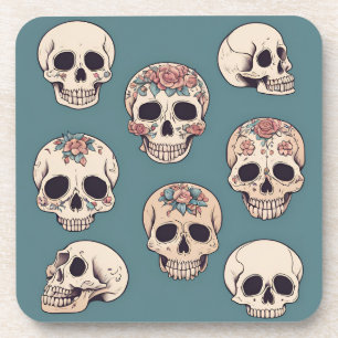 Green Flower Skulls Animated Colourful Halloween Coaster