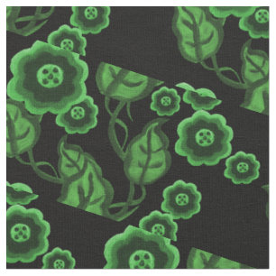 Green flowers/green leaves/Folk art floral 2 black Fabric