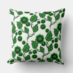 Green flowers, green leaves, Folk art floral Throw Pillow
