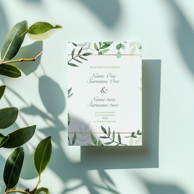 Green flowers, leaves, gold border, garden wedding invitation (Green flowers, leaves, gold border, garden wedding invitation)