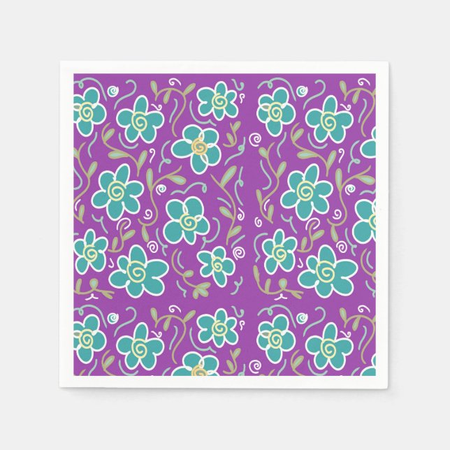 Green flowers on purple design napkin (Front)