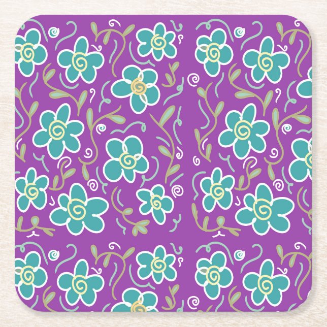 Green flowers on purple design square paper coaster (Front)