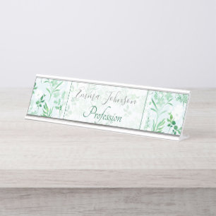 Green Flowers Painting Botanical  Desk Name Plate