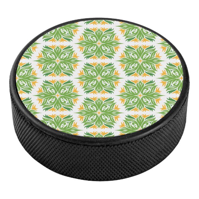 Green Flowers, Pattern Of Flowers, Floral Pattern Hockey Puck (3/4)