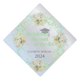 Green Flowers Silver Graduate Cap