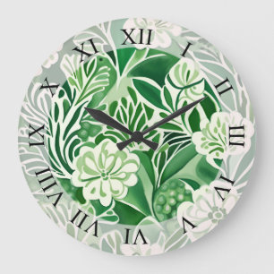 Green flowers, vintage design pattern large clock