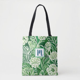 Green flowers, vintage design pattern tote bag