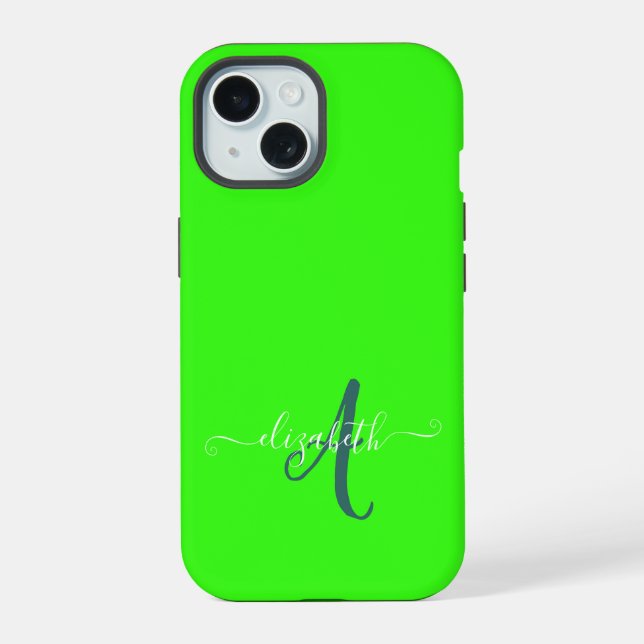 Green Fluorescent Neon Monogram  iPhone 15 Case (Back)