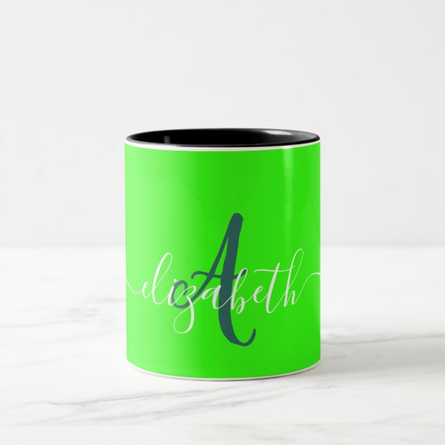 Green Fluorescent Neon Monogram  Two-Tone Coffee Mug (Center)