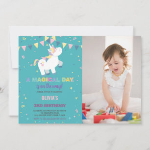 Green Fly Unicorn Birthday Invitations Photo