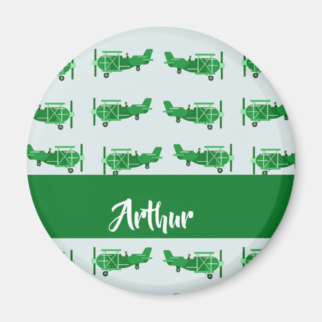 Green flying airplanes on blue magnet (Front)