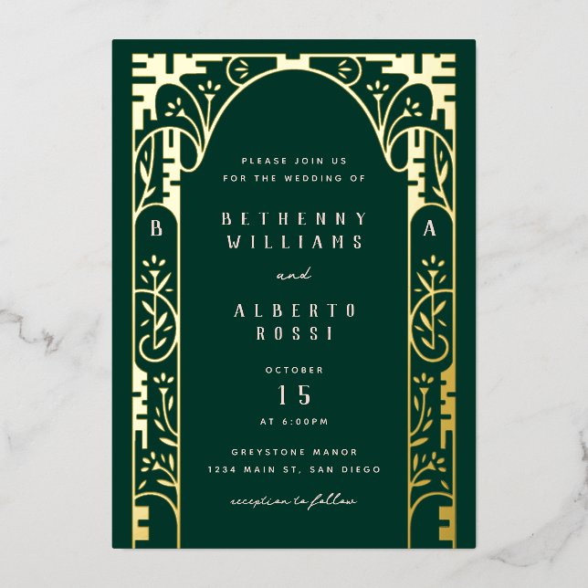 Green Foil Art Nouveau Arch Foil Invitation (Front)