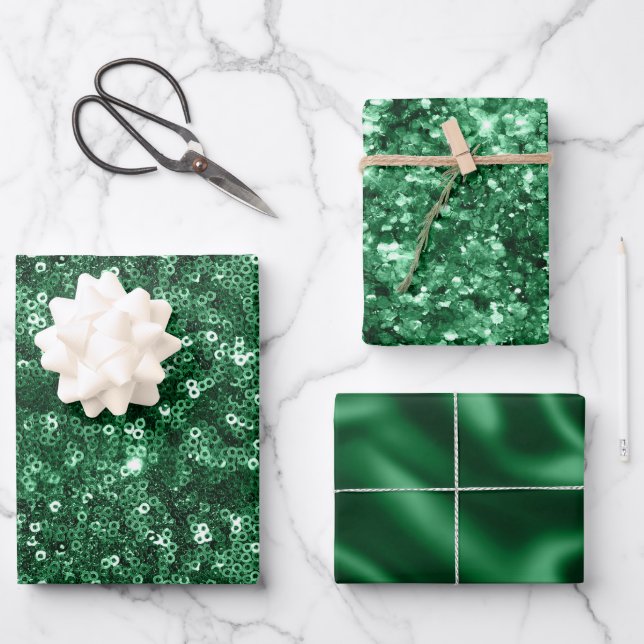 Green Foil Holiday Satin and Glitter Christmas Wrapping Paper Sheet (Front)