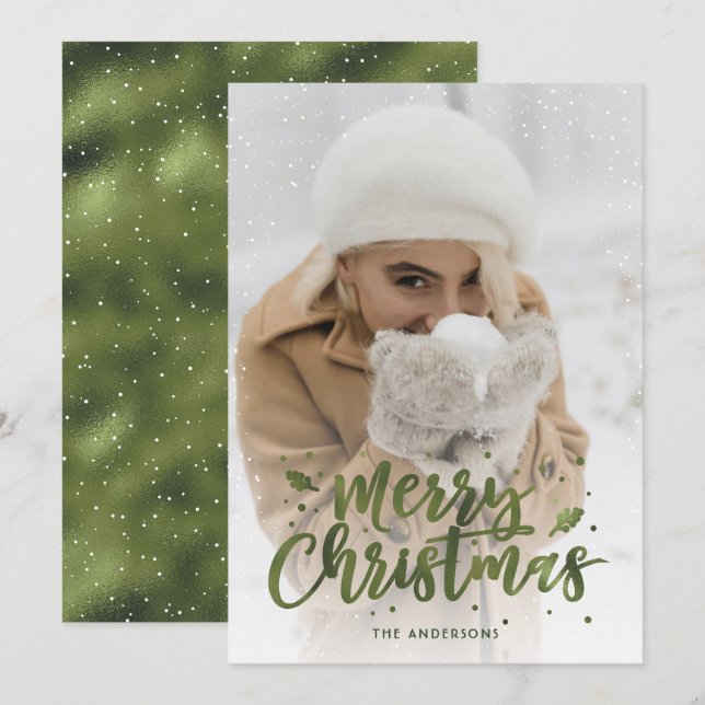 Green Foil Script Snow Photo Christmas Cards (Front/Back)