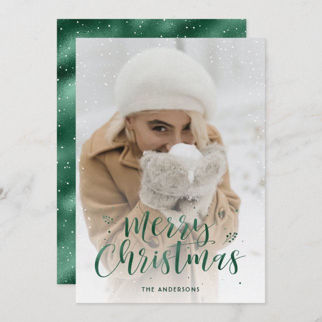 Green Foil Script Snow Photo Christmas Cards (Front/Back)