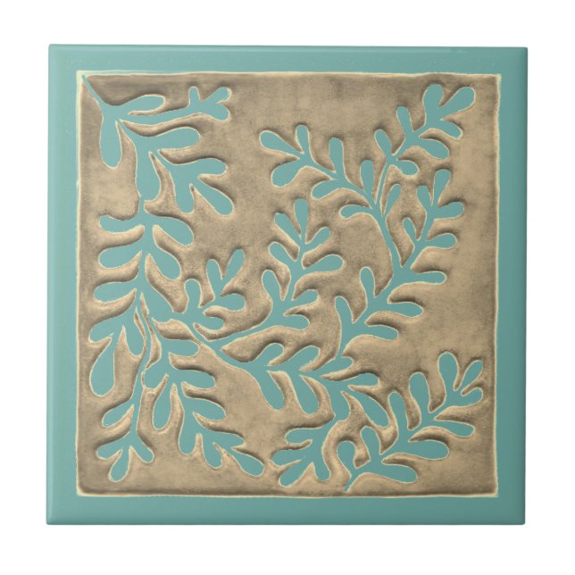 Green foliage and taupe Ceramic Tile (Front)