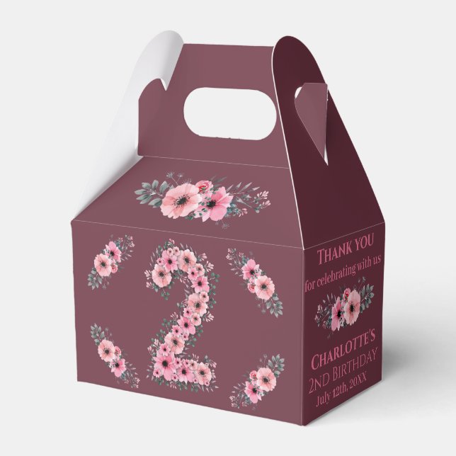 Green Foliage Big 2nd Birthday Girl Pink Flowers Favor Box (Front Side)