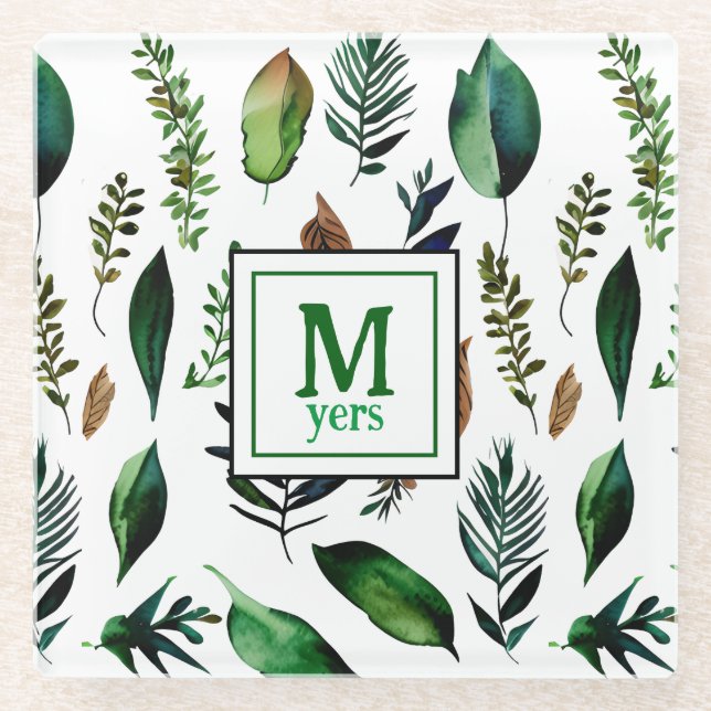 Green Foliage Botanical Nature Personalized Glass Coaster (Front)