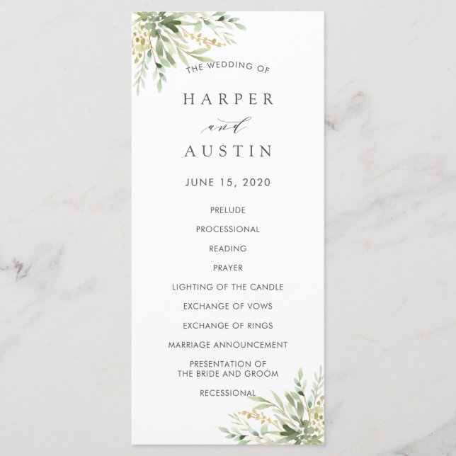Green Foliage Botanical Wedding Program (Front)