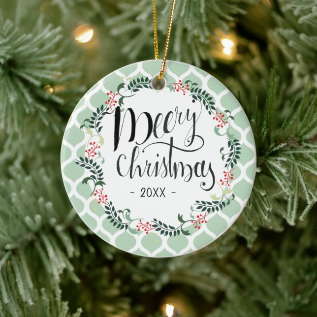 Green Foliage Christmas Typography Editable Ceramic Ornament (Tree)