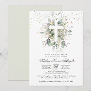 Green Foliage Cross Baby Christening Invitation