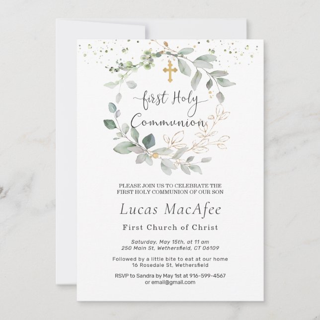 Green Foliage Cross First Communion Invitation (Devant)