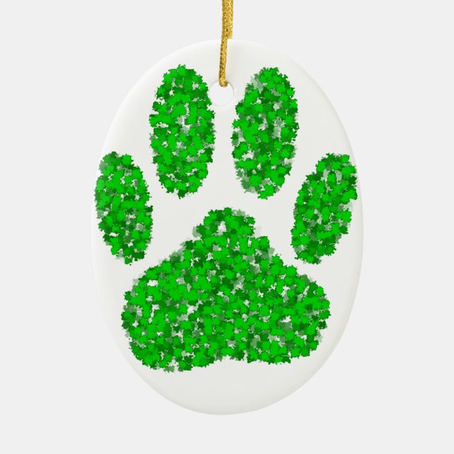 Green Foliage Dog Paw Print Ceramic Ornament (Front)