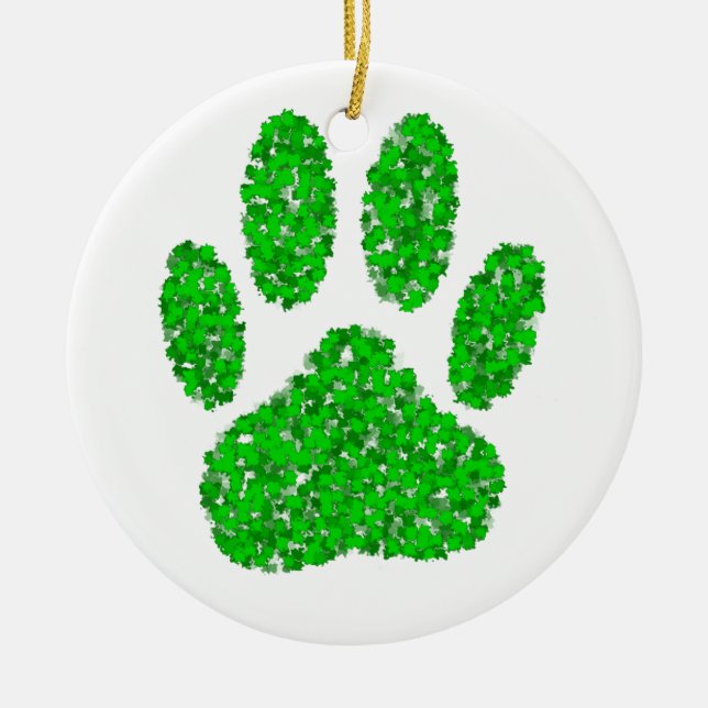 Green Foliage Dog Paw Print Ceramic Ornament (Front)